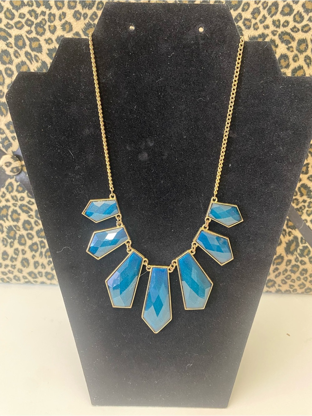 Gold-Tone Geometric Blue Faceted Pendant Statement Bib Necklace